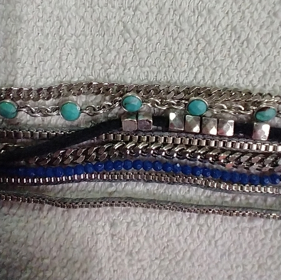 Silvertone blue black wide multi layer chain bracelet - Picture 2 of 9